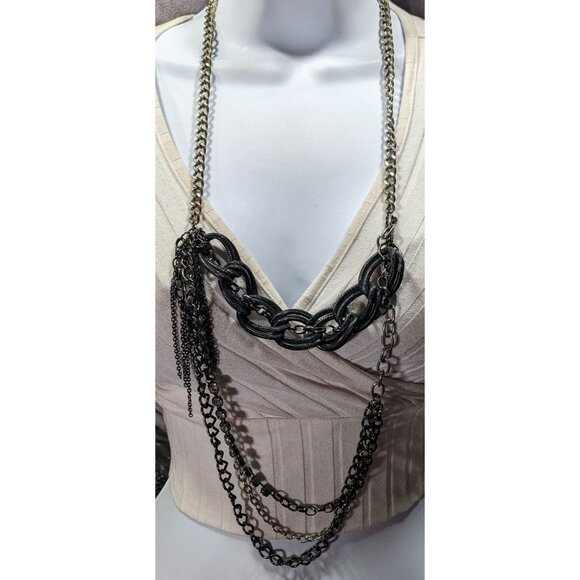Glam Goth Black And Silver Tone Abstract Chain Necklace With Rhinestone Accents - Picture 1 of 5
